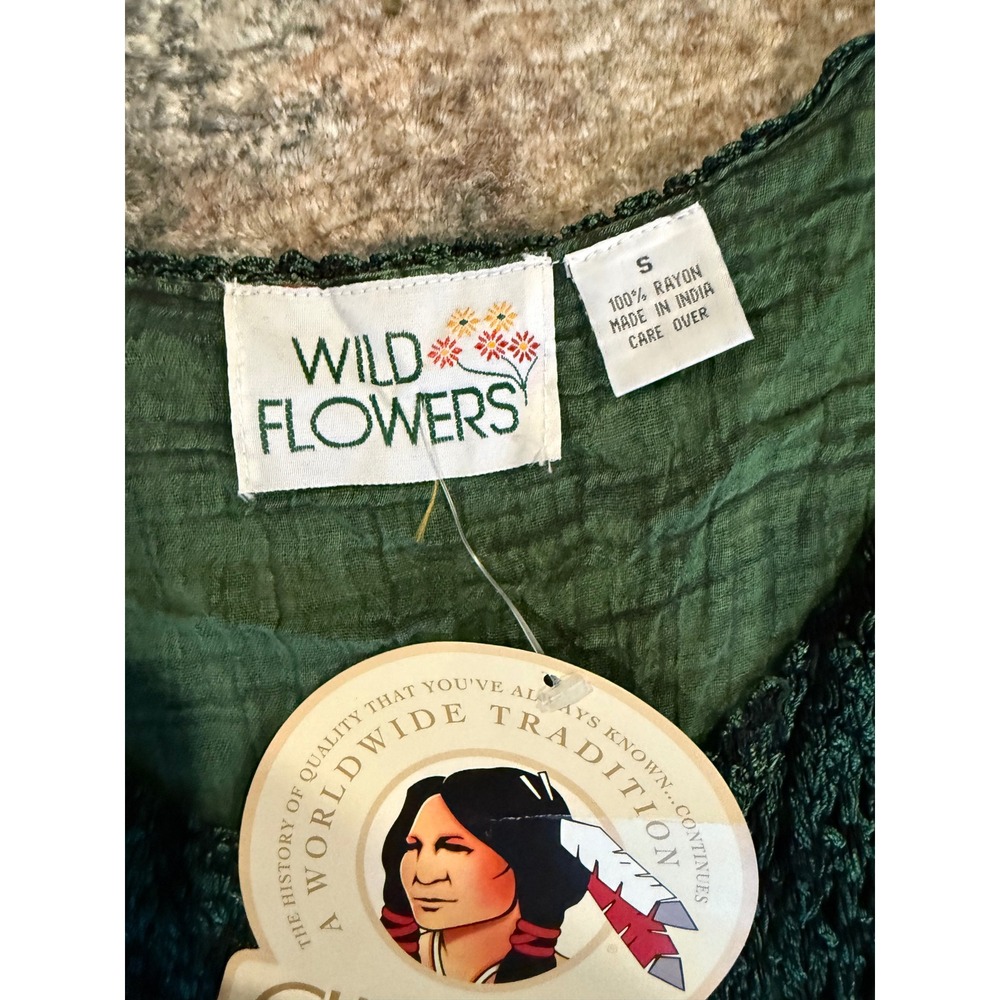 Wild Flowers  Green‎ Smocked Embroidered Bohemian Maxi Dress Womens Small - Picture 5 of 6